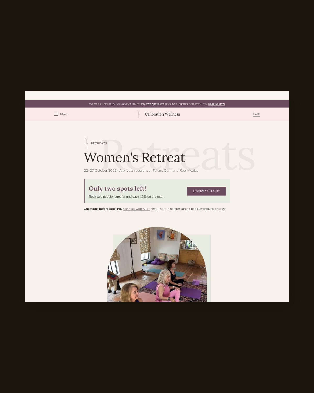 The retreat page of the Calibration Wellness website